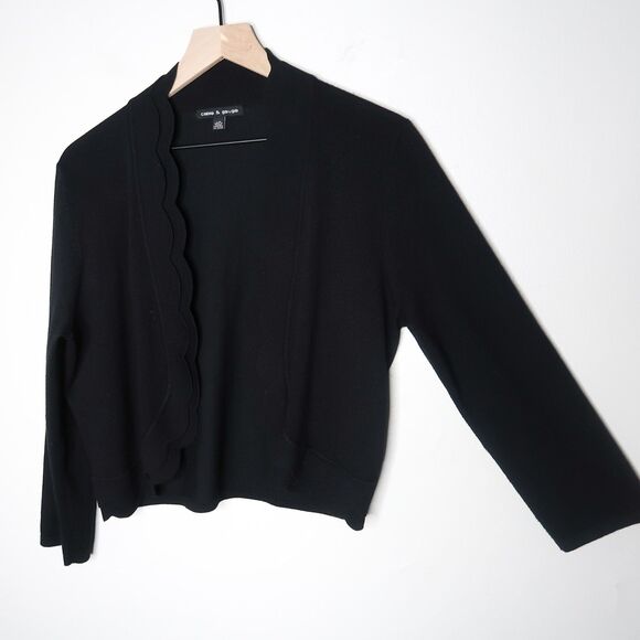 Cable &‎ Gauge Womens Open Front Cardigan Large Black Scalloped Cropped Office - Picture 6 of 10